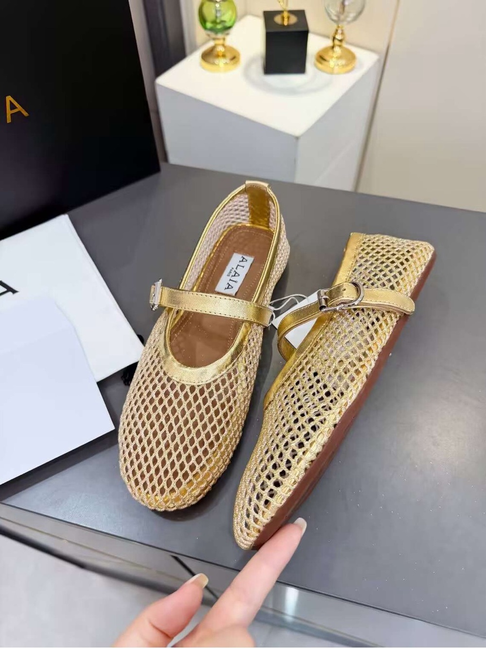 Alaia Gold Metallic Mesh Mary Jane Flats with Buckle